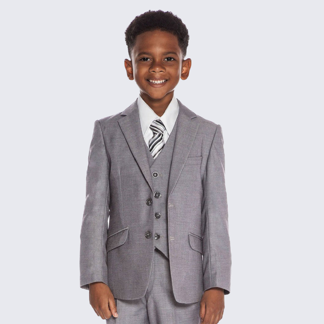 Boys Slim Fit Light Grey Suit 5-Piece Set for Kids Teen Children - Wedding
