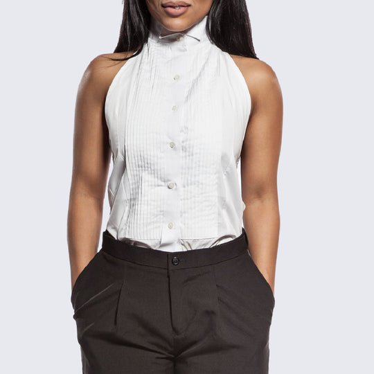 Tuxedo Halter Top White Womens Tuxedo Shirt Wing Tip Collar Pleated