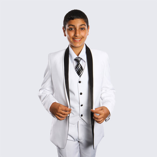 Boys Tuxedo White with Black Lapel 5-Piece Set for Kids Teen Children - Wedding