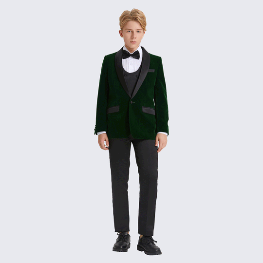 Boy's Green Tuxedo Velvet 5-Piece Set for Kids Teen Children - Wedding