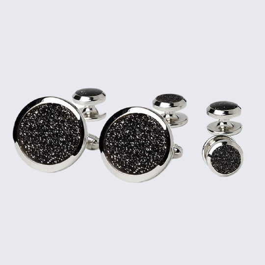 Tuxedo Studs and Cufflinks Silver Black Diamond Dust Center Wide Bezel
