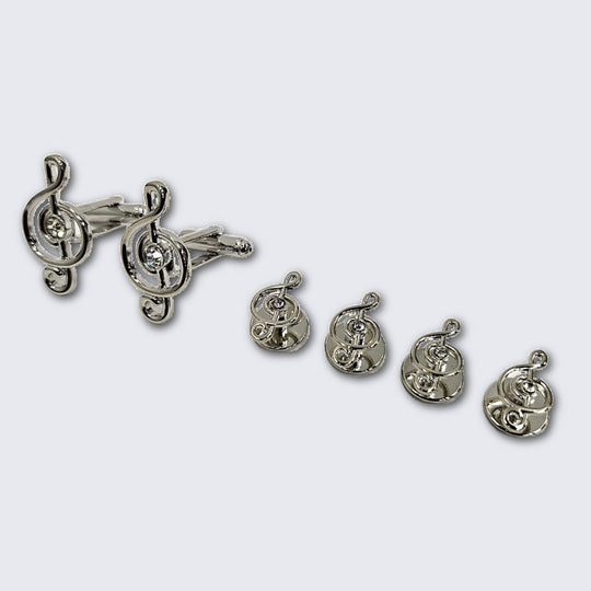Silver Treble Clef Cubic Zirconia Studs and Cufflinks