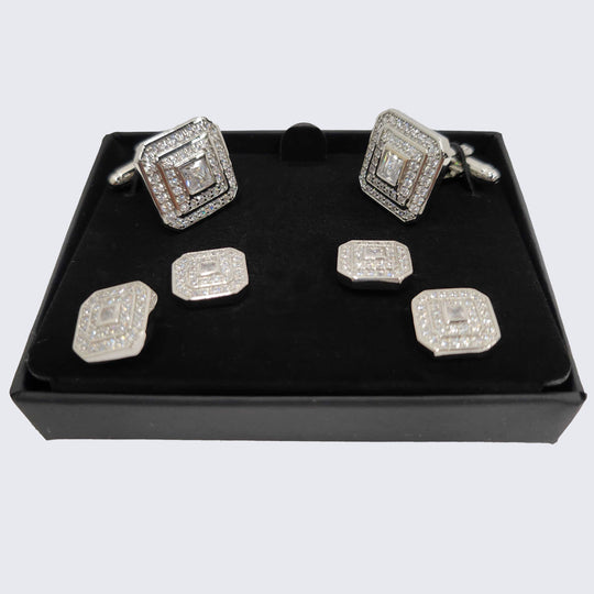 Silver Pave Square Cubic Zirconia Studs and Cufflinks