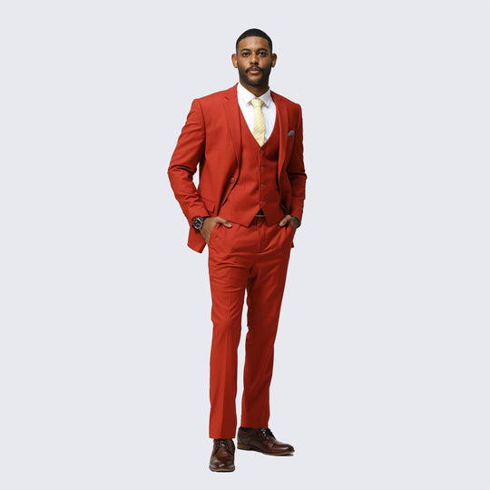 Brick Red Skinny Fit 3-Piece Suit with Notch Lapel – Wedding & Prom