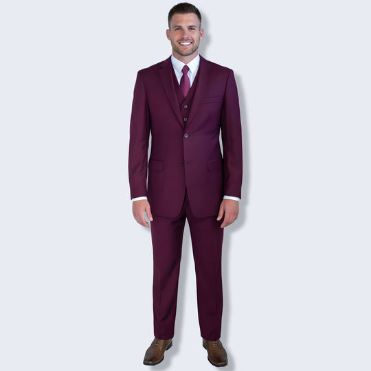 Burgundy 3-Piece Modern Fit Suit with Notch Lapel – Wedding & Prom