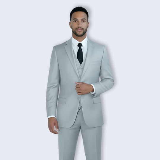 Light Grey 3-Piece Modern Fit Suit with Notch Lapel – Wedding & Prom