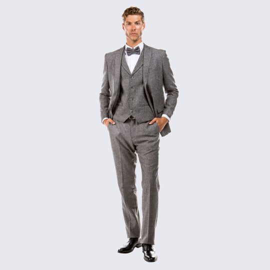 Grey Tweed Three Piece Suit with Notch Lapel – Wedding & Prom