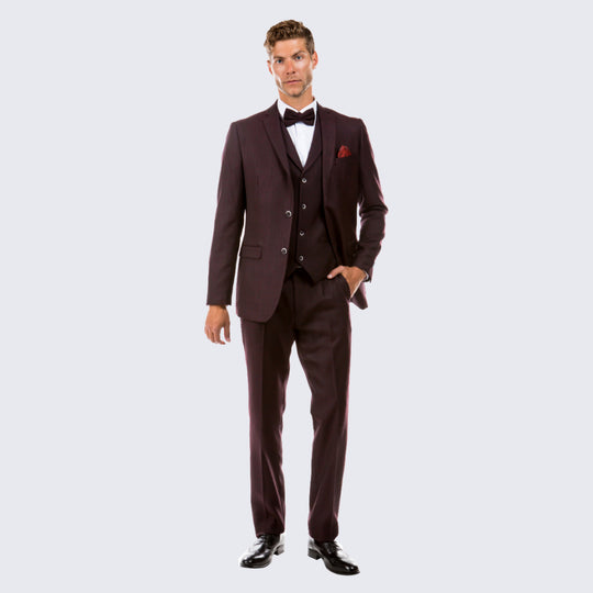 Burgundy Tweed Three Piece Suit with Notch Lapel – Wedding & Prom