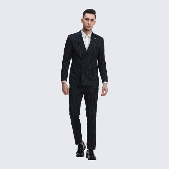 Navy Blue Pin Stripe Suit Slim Fit Two Piece Set