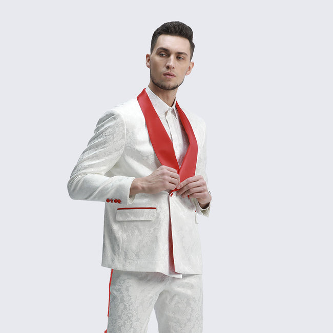 White & Red Paisley Tuxedo with Shawl Lapel – Wedding & Prom