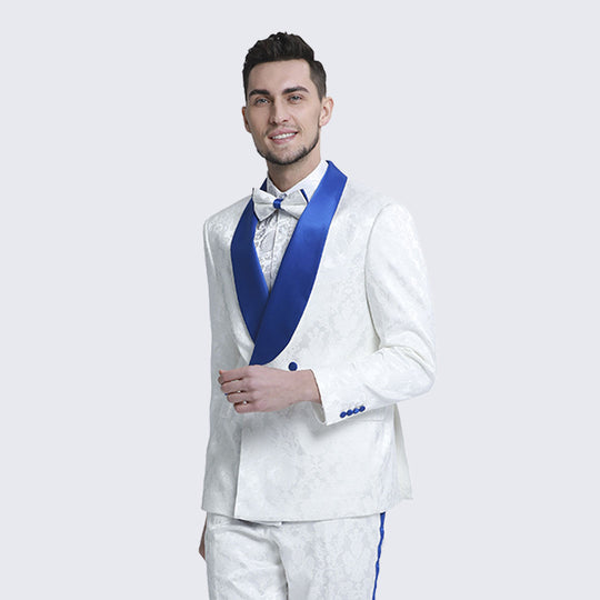White & Royal Blue Paisley Tuxedo with Shawl Lapel – Wedding & Prom