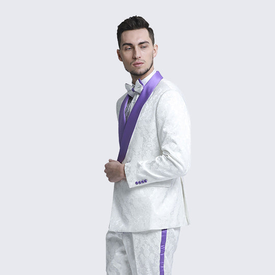 White & Purple Paisley Tuxedo with Shawl Lapel – Wedding & Prom