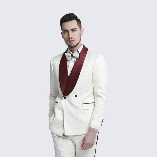 Ivory & Burgundy Paisley Tuxedo with Shawl Lapel – Wedding & Prom