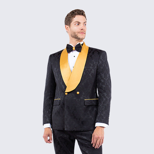 Black & Gold Paisley Tuxedo with Shawl Lapel – Wedding & Prom