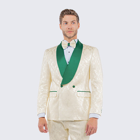 Ivory & Green Paisley Tuxedo with Shawl Lapel – Wedding & Prom
