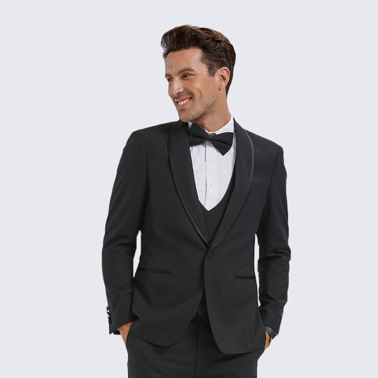 Black Textured Tuxedo with Satin Trim – 4 Piece Slim Fit Set