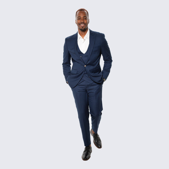 Navy Skinny Fit Three Piece Suit with Double Breasted Vest – Wedding & Prom