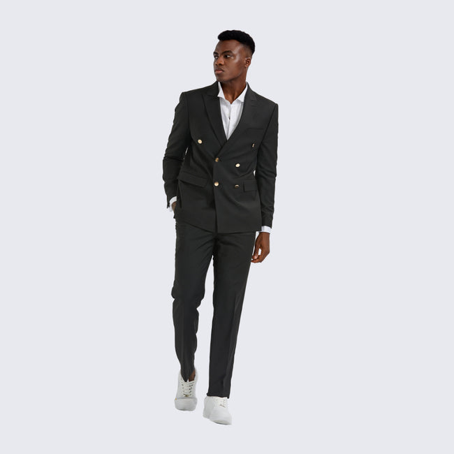 Black Double Breasted Suit Two Piece Set with Gold Buttons - Wedding - Prom