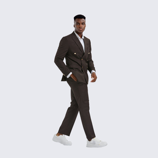 Brown Double Breasted Suit Two Piece Set with Gold Buttons - Wedding - Prom
