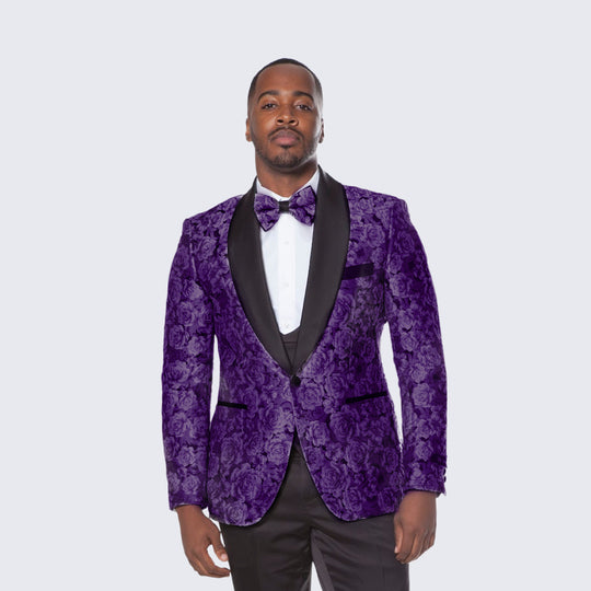 Purple Floral Tuxedo with Shawl Lapel – 4 Piece Slim Fit Set