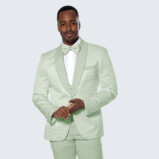 Mint Green Textured Jacquard Tuxedo 4-Piece Set with Shawl Lapel – Wedding & Prom