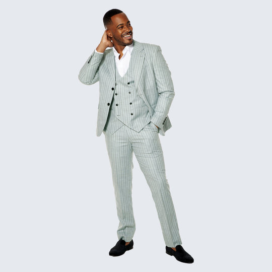 Mint Grey Suit with Pinstripes Three Piece Set - Wedding - Prom