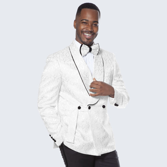 White Double Breasted Paisley Tuxedo – Three Piece Set