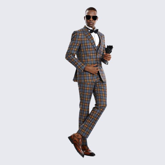 Marble Brown Plaid Skinny Fit Suit with Notch Lapel