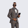 Marble Brown Plaid Skinny Fit Suit with Notch Lapel