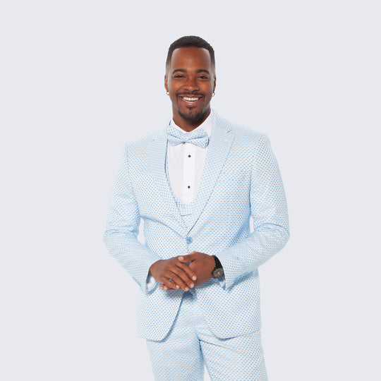 Sky Blue Polka Dot Textured Slim Fit Tuxedo – 4 Piece Wedding & Prom Set