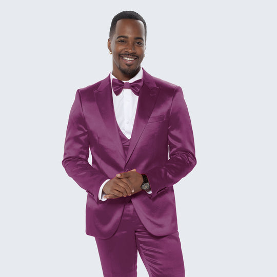 Purple Satin Slim Fit Tuxedo with Peak Lapel – Wedding & Prom
