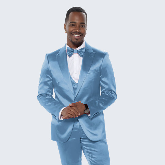 Light Blue Satin Slim Fit Tuxedo with Peak Lapel – Wedding & Prom