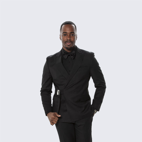 Black Slim Fit Suit with Waist Tie – Two Piece Set