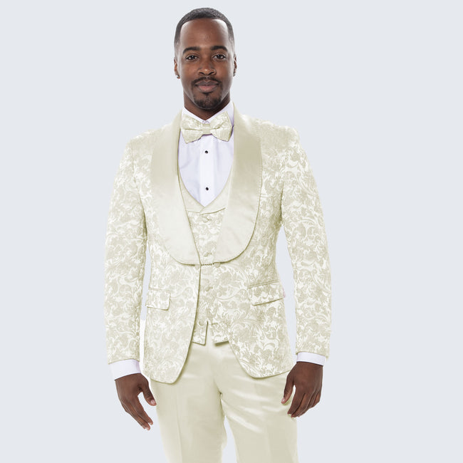 Ivory Floral Tuxedo Set with Wide Shawl Lapel – Wedding & Prom