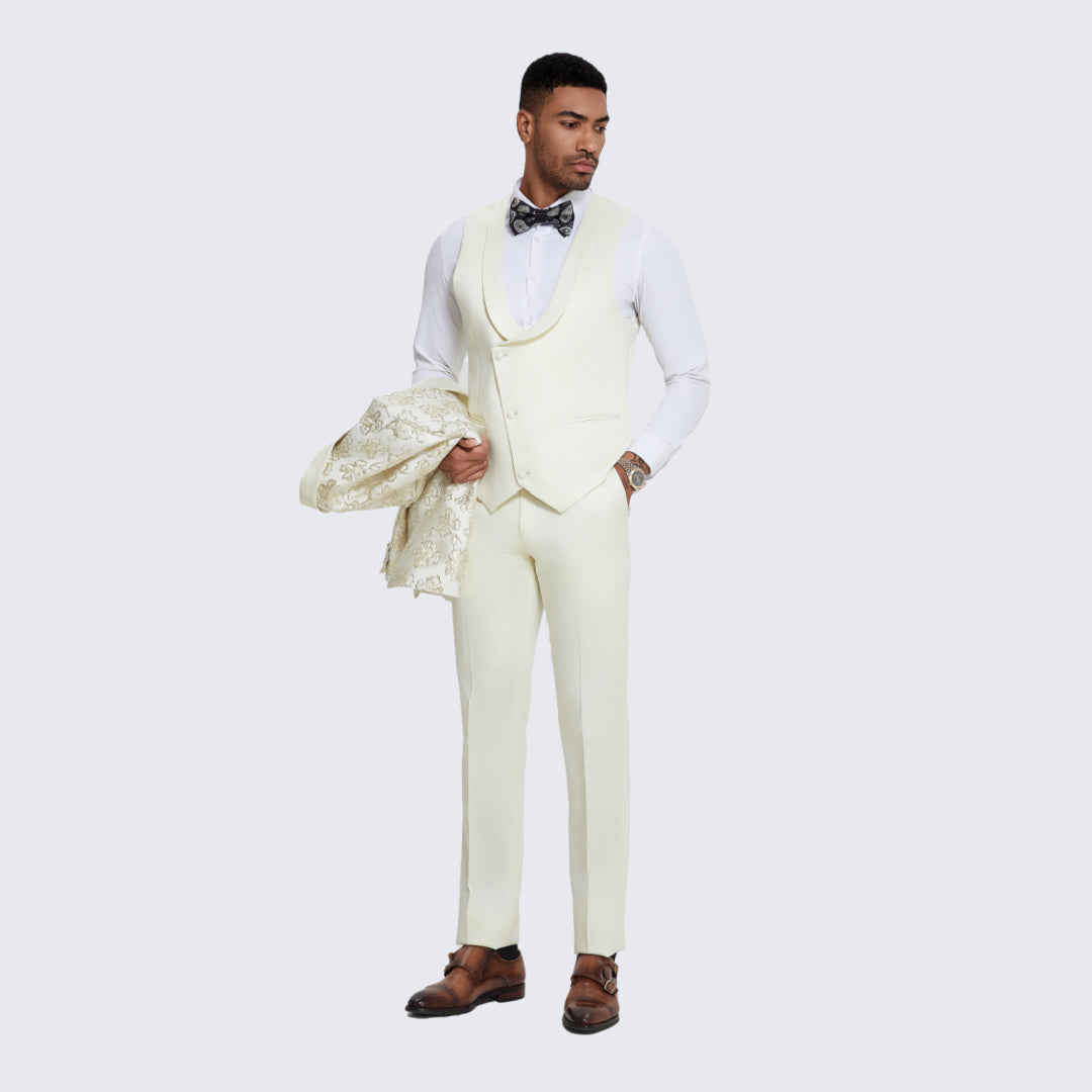Men's Ivory and Gold Tuxedo with Textured Floral Design Wedding Pro