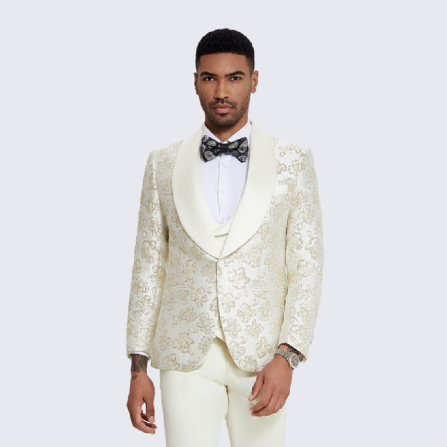 Ivory and Gold Floral Tuxedo with Shawl Lapel – Wedding & Prom
