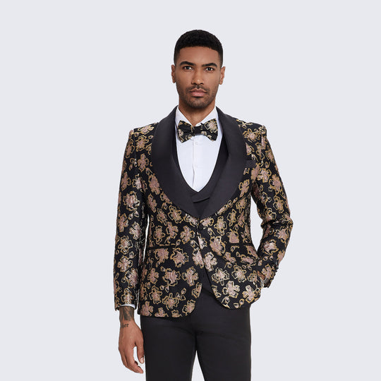 Black & Rose Gold Floral Tuxedo with Shawl Lapel – Wedding & Prom