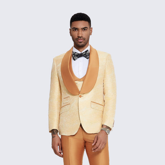 Gold Brocade Tuxedo with Satin Shawl Lapel – Wedding & Prom