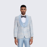 Light Blue Brocade Tuxedo with Satin Shawl Lapel – Wedding & Prom