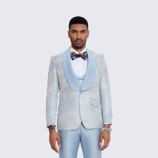 Light Blue Brocade Tuxedo with Satin Shawl Lapel – Wedding & Prom