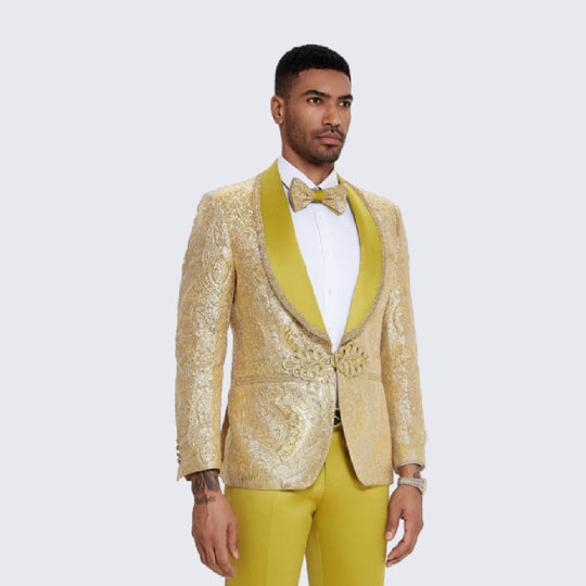 Gold Paisley Brocade Skinny Fit Tuxedo – 3 Piece Wedding & Prom Set