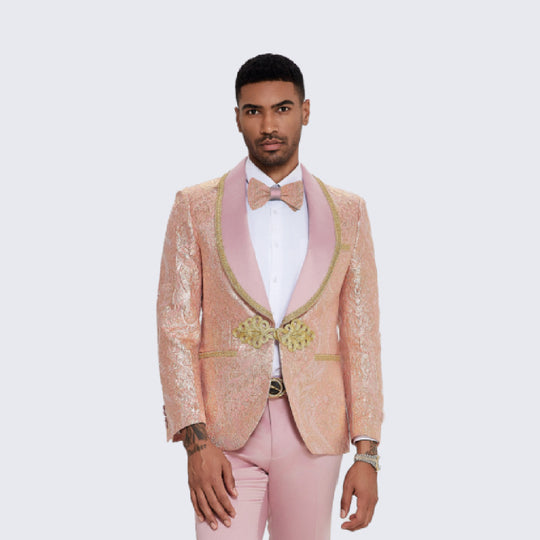 Pink and Gold Floral Textured Tuxedo with Shawl Lapel – Wedding & Prom