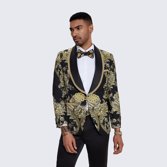 Black and Gold Floral Textured Tuxedo with Shawl Lapel – Wedding & Prom