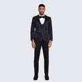 Men's Black Satin Tuxedo with Floral Design Four Piece Set- Wedding - Prom