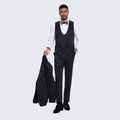 Men's Black Satin Tuxedo with Floral Design Four Piece Set- Wedding - Prom