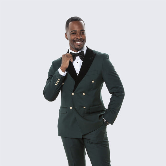 Green Double Breasted Tuxedo with Velvet Peak Lapel – Wedding & Prom