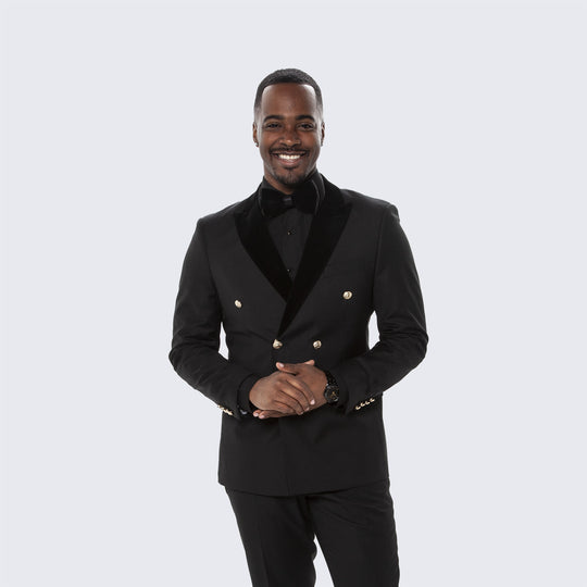 Black Double Breasted Tuxedo with Velvet Peak Lapel – Wedding & Prom