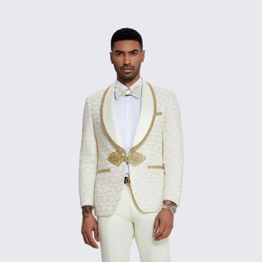 Ivory & Gold Paisley Tuxedo with Ornate Clasp – Wedding & Prom