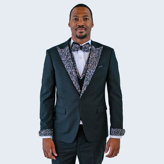 Black Peak Lapel Tuxedo with Stones – 4 Piece Set