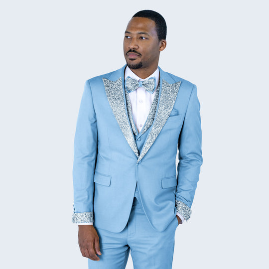 Light Blue Peak Lapel Tuxedo with Stones – 4 Piece Set